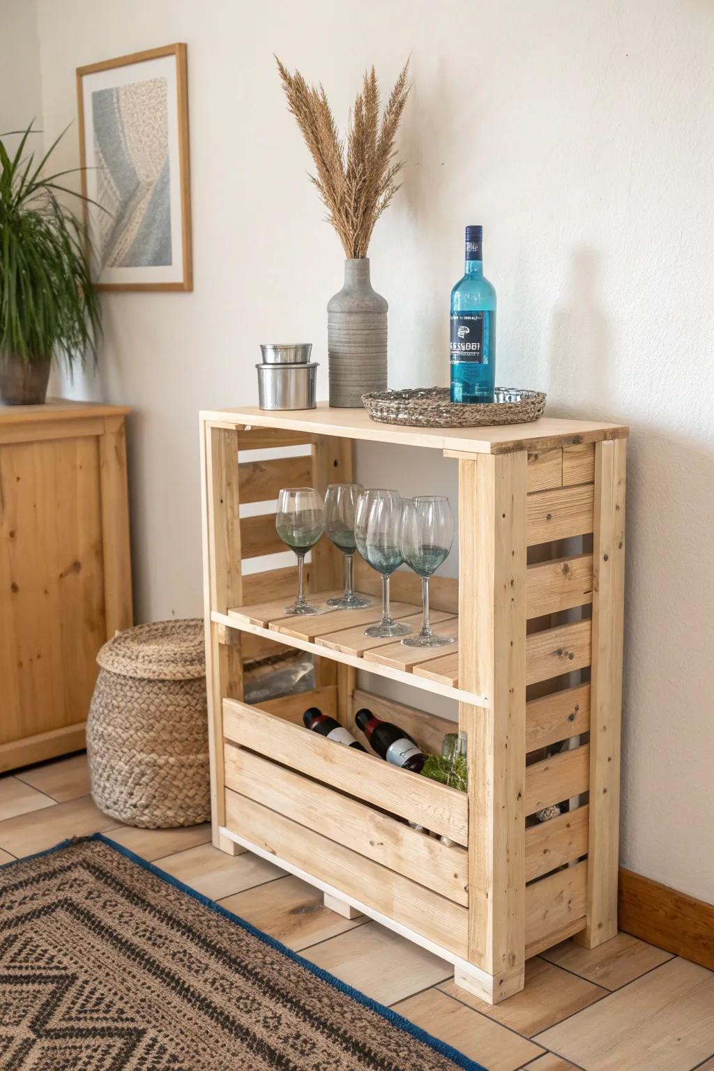 Small-space party upgrade: a sleek pallet bar with hidden shelves for glasses and bottles.