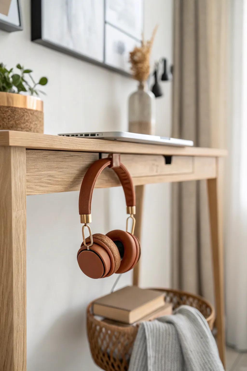 A hidden under‑desk hook keeps headphones off your surface—easy put‑away, instant calm.