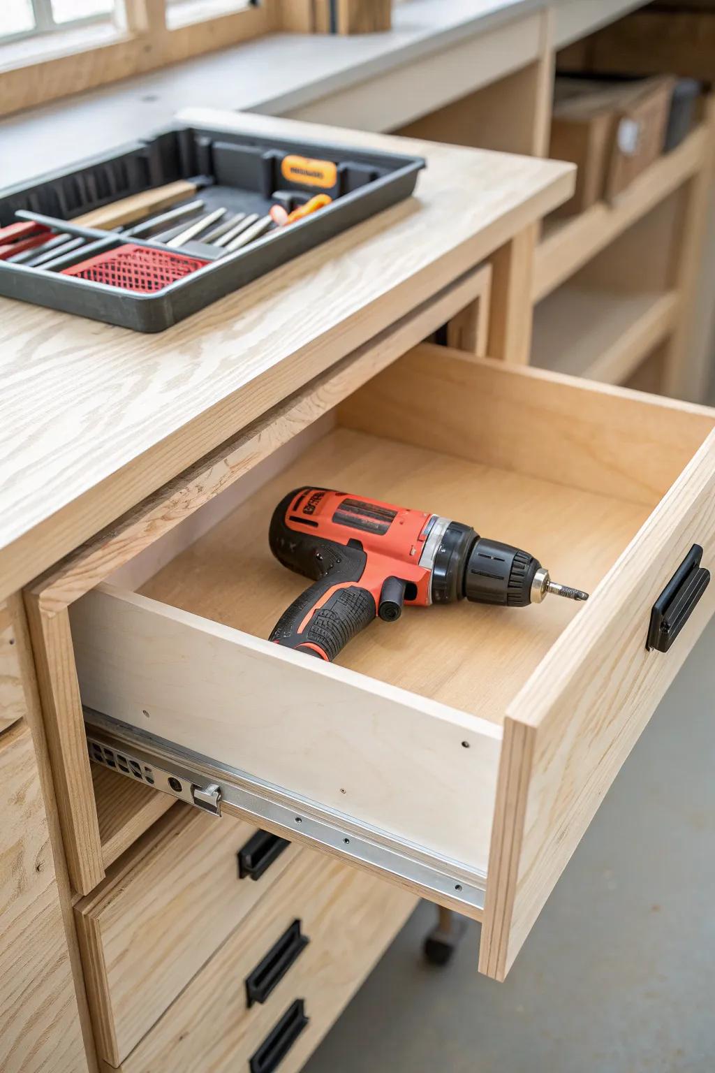 Hide heavy tools in style: a sleek slide‑out tray under the bench for instant grab-and-go.