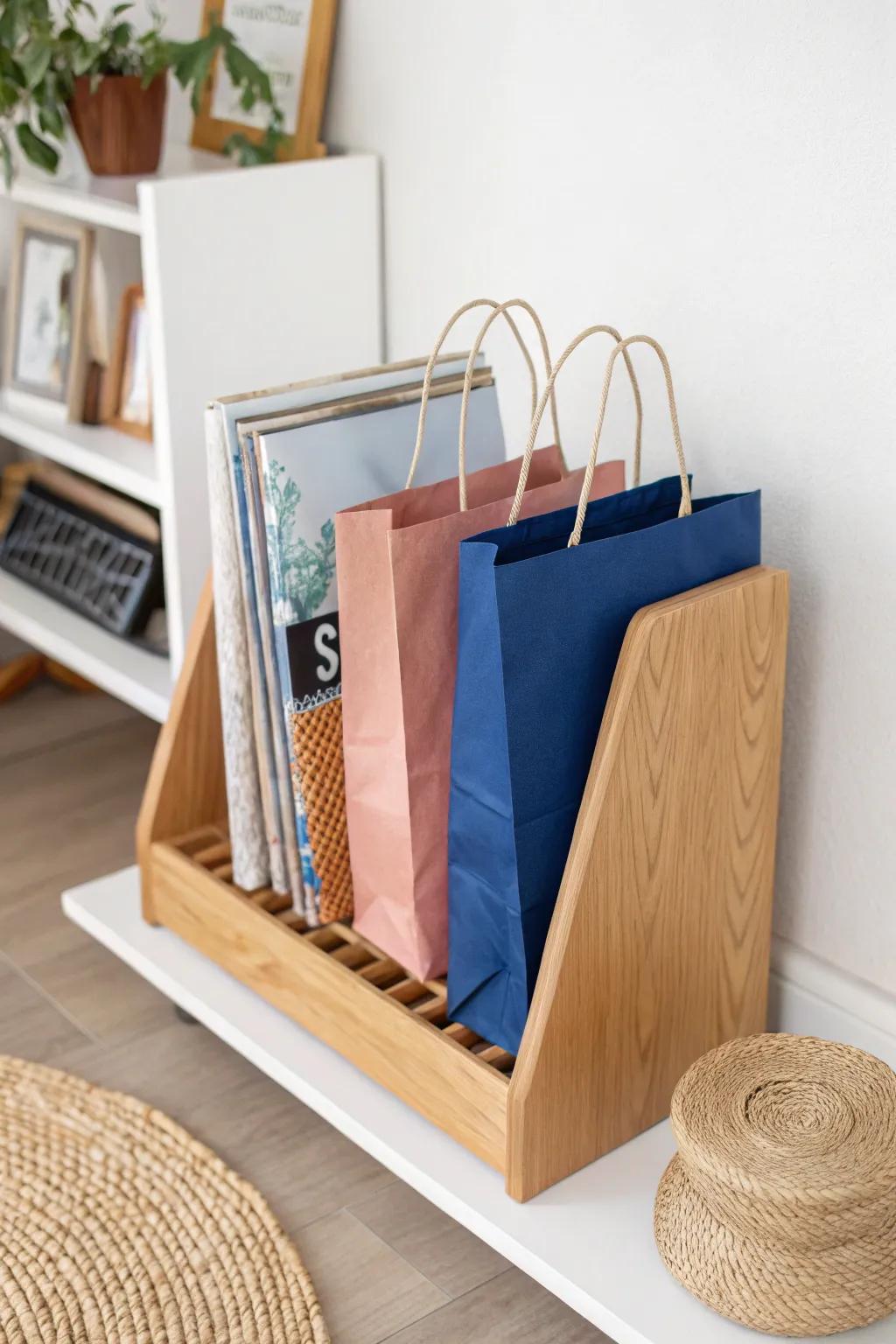 Keep gift bags crisp: a chic magazine file beside your wrapping paper station, always.