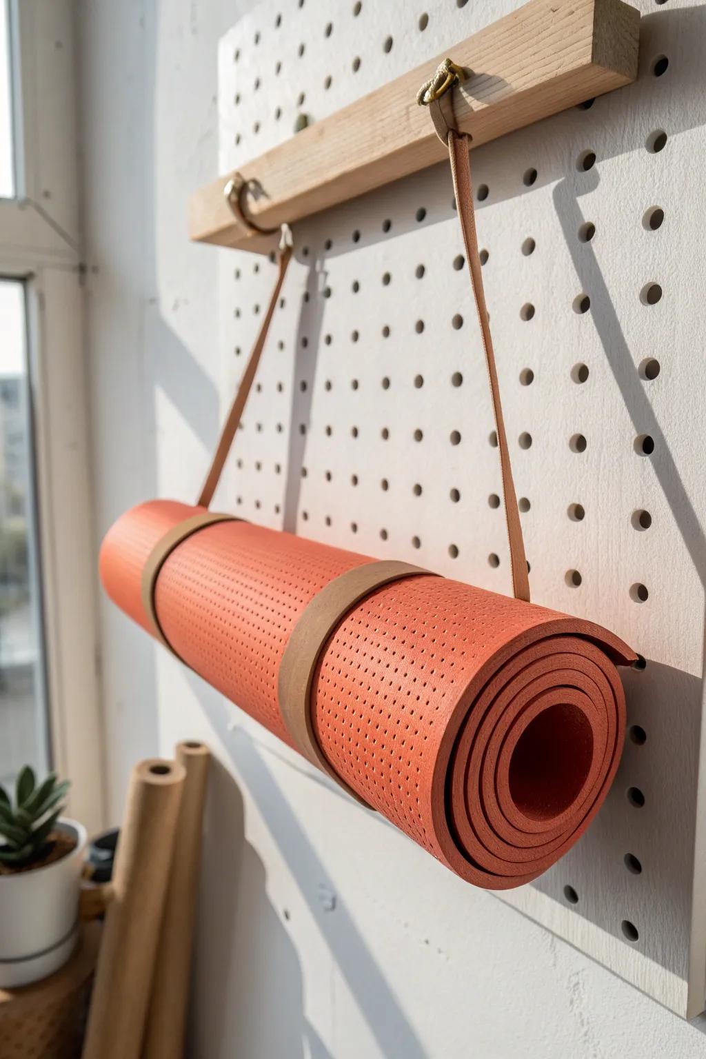 A chic pegboard wall keeps your yoga mat off the floor and ready for practice today.