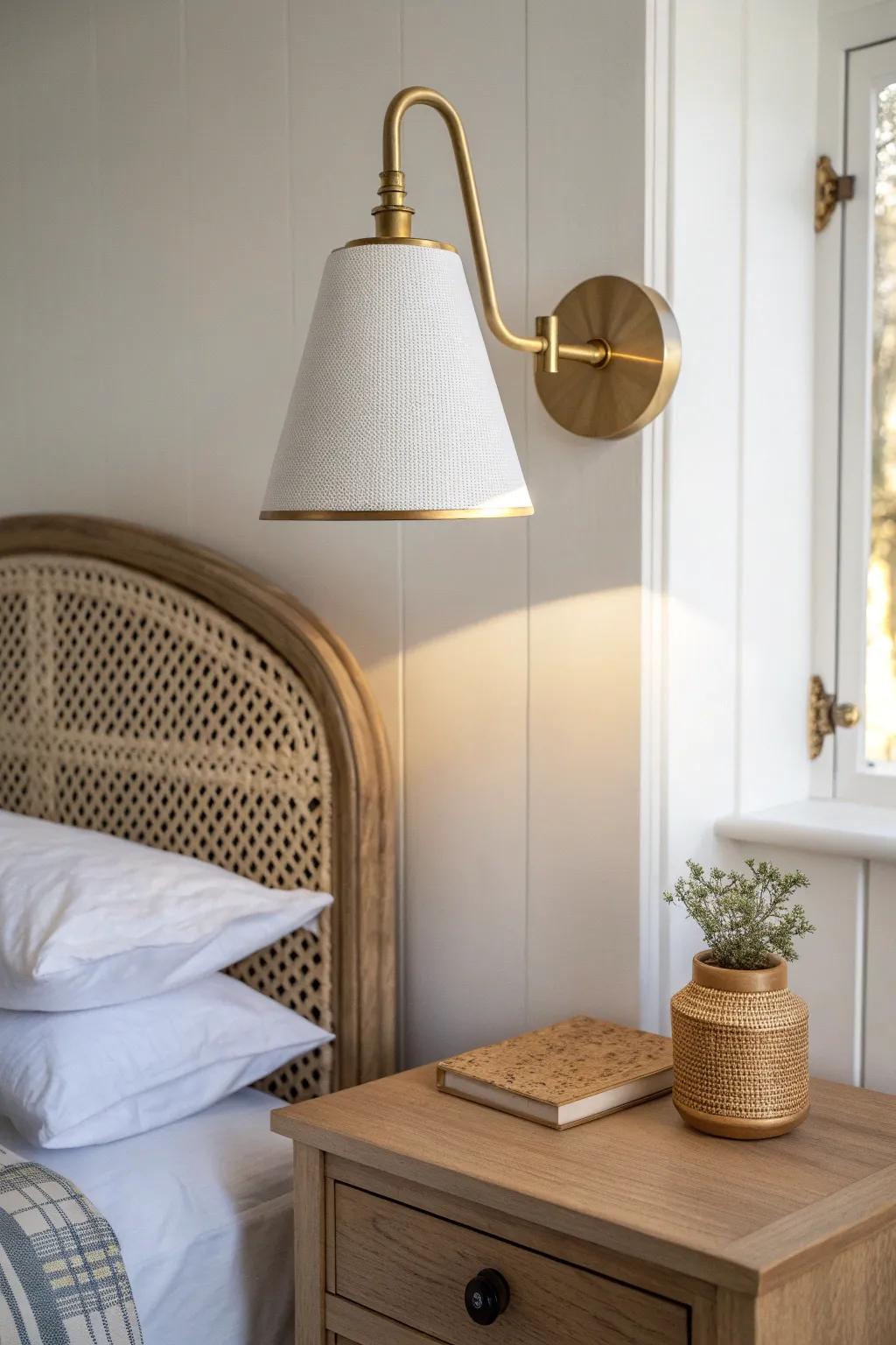 Wall-mounted sconce keeps your tiny nightstand clear—light where you need it, clutter gone.