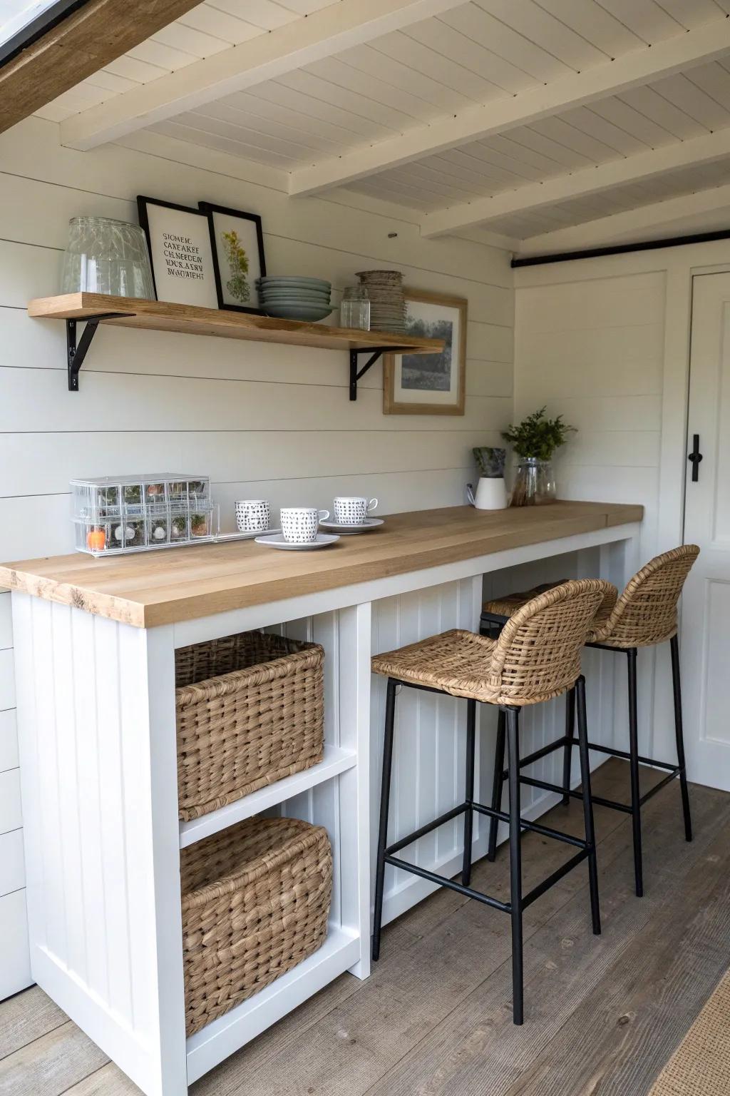 Slim oak serving counter with woven stools—tiny-shed entertaining made airy and effortless.