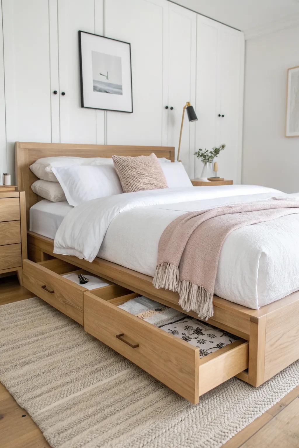 A sleek platform bed with drawers hides linens and off-season clothes—perfect for small closets.