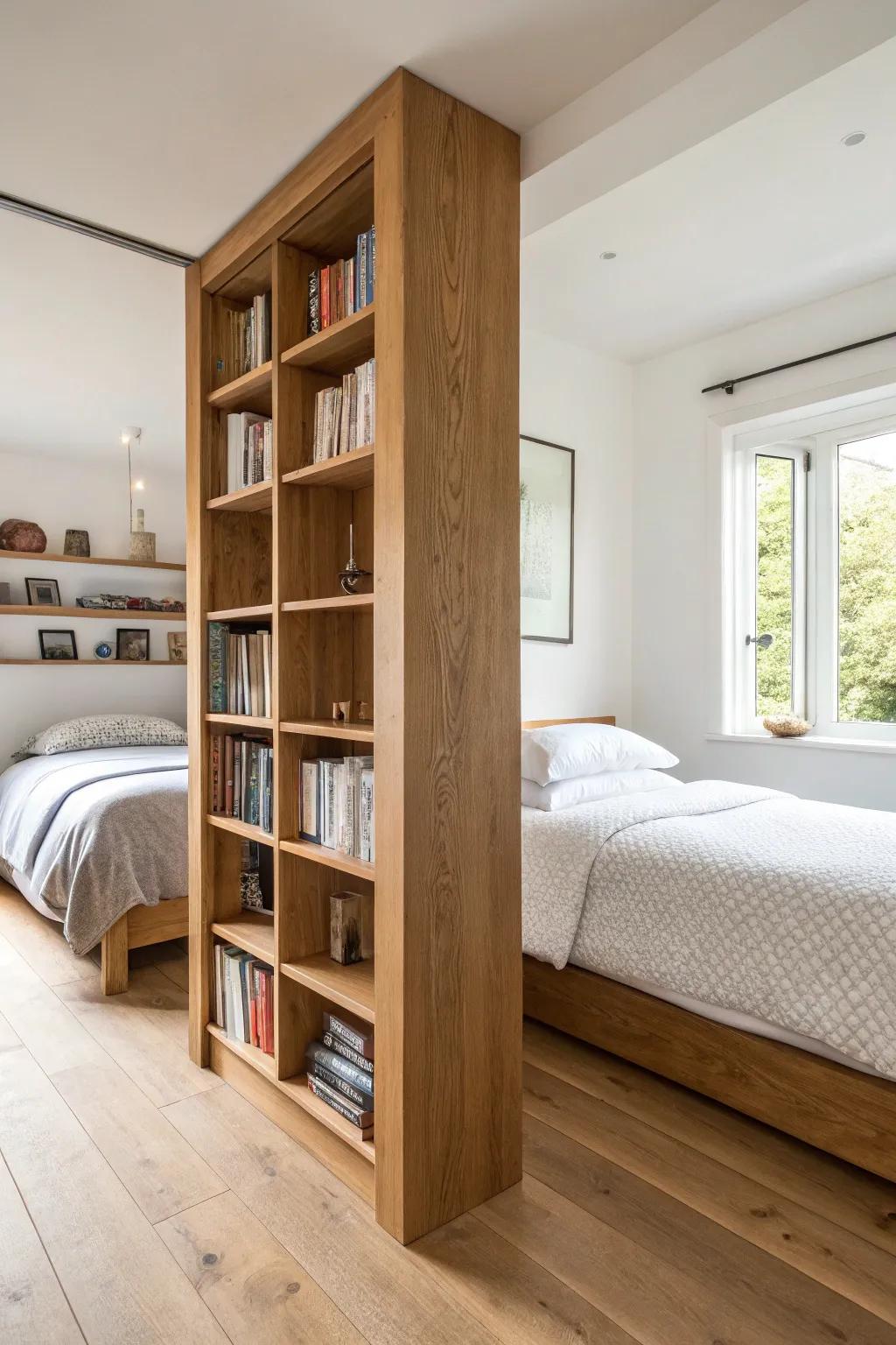 Slim bookcase divider = privacy + storage between two full-size beds—small-space magic.
