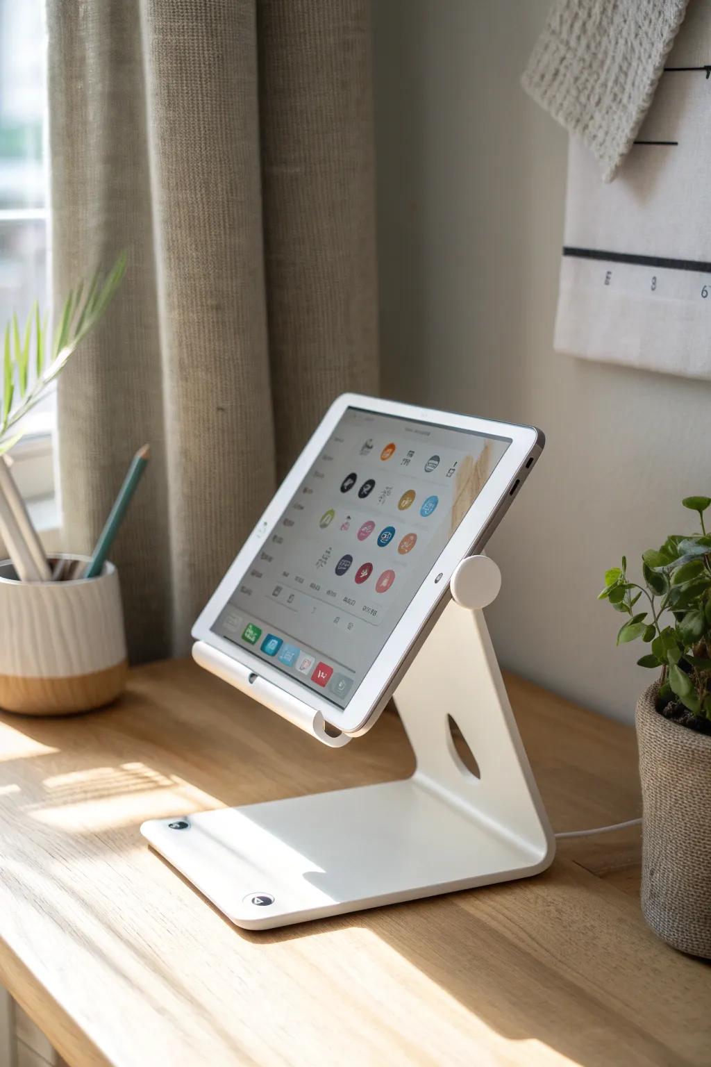 Elevate your crafting space with this elegantly designed 3D printed tablet stand, where functionality meets minimalist beauty.