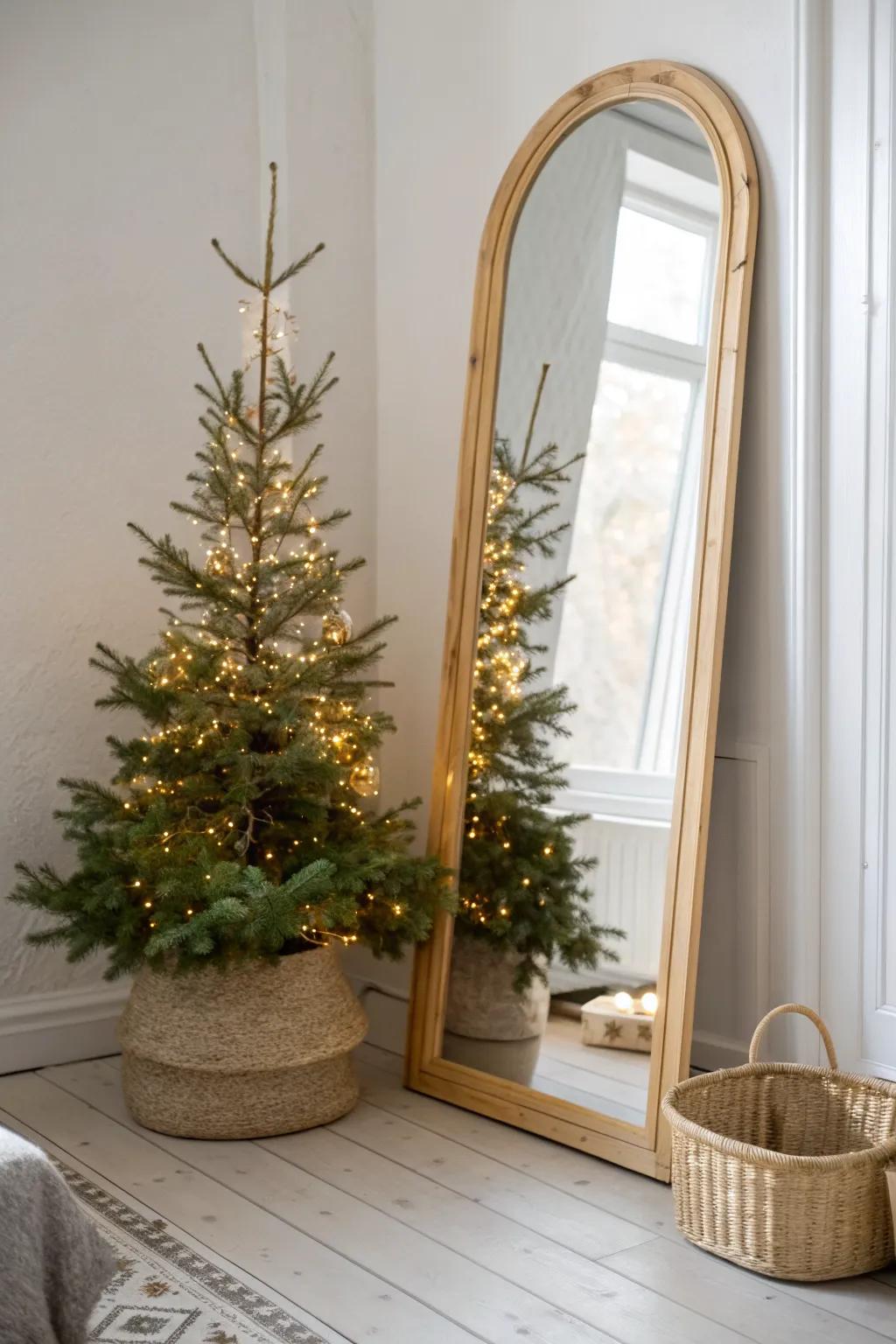 Mirror-backed 4ft tree trick: double the twinkle and make small corners feel brighter.