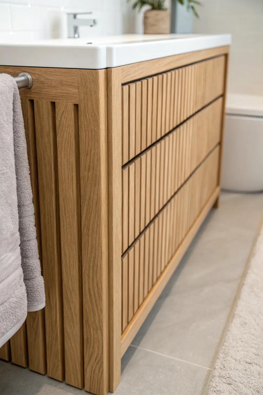 A friction-fit oak cover panel that hides a 5-inch vanity gap—removable, clean, and renter-friendly.