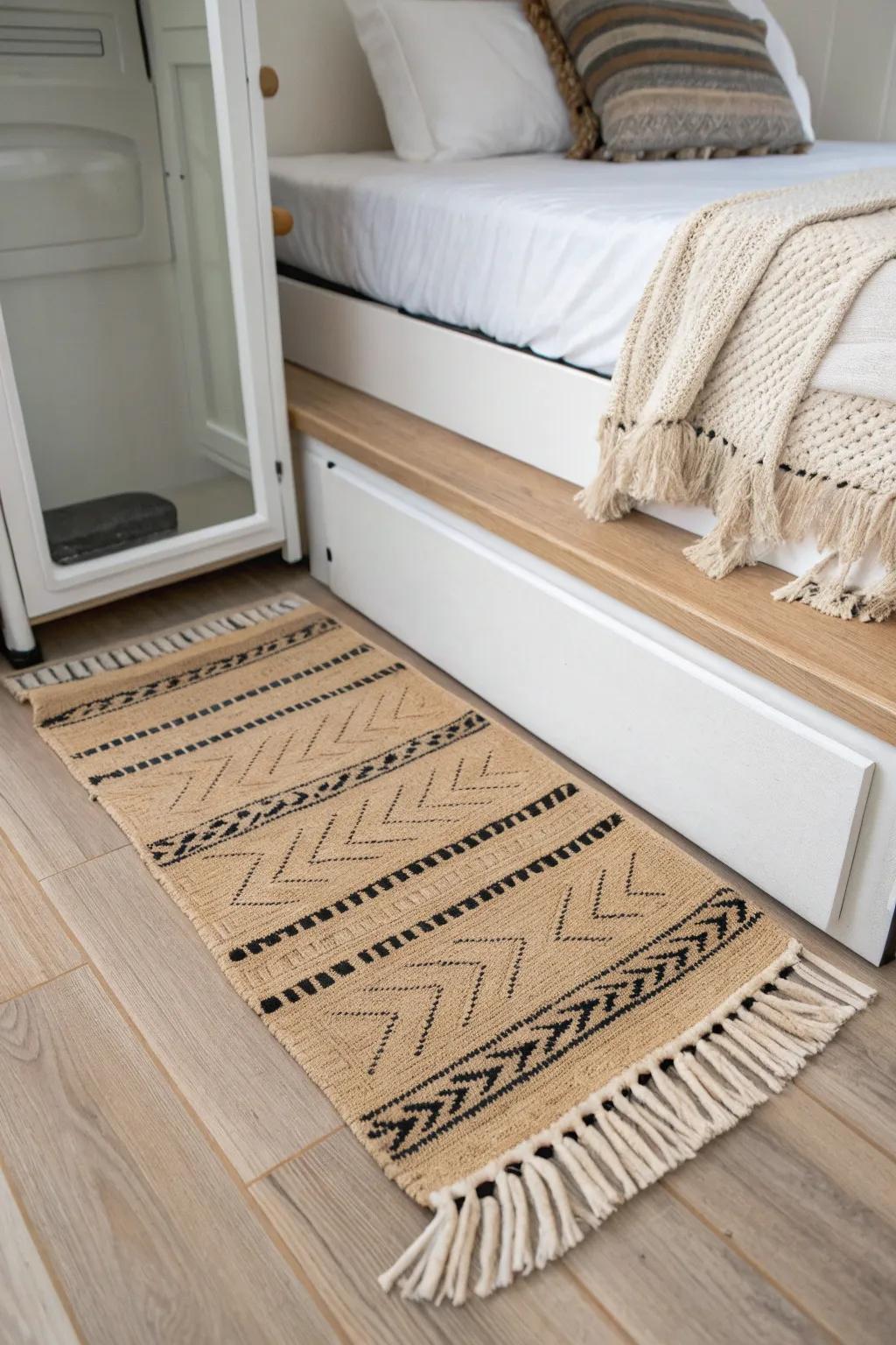 A low-pile runner by the bed step adds cozy warmth and protects your RV’s high-traffic floor.