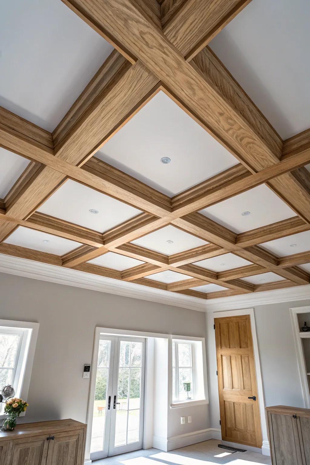 Shallow coffered ceiling in light oak + matte white—an upscale look that suits 8‑ft rooms.
