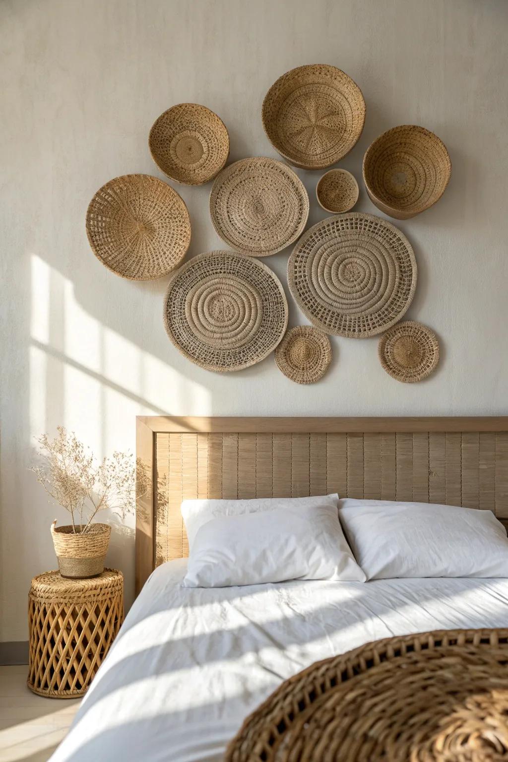 Woven basket wall art above the bed—easy, budget-friendly texture for a curated small space.