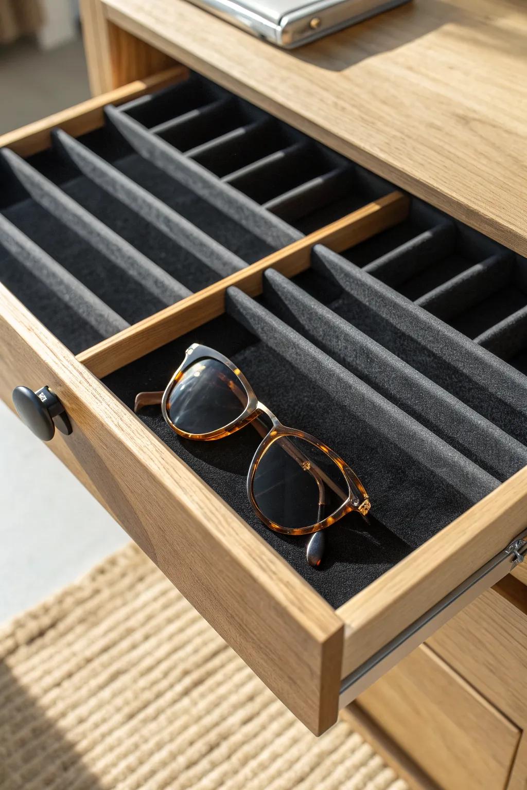 A simple grooved divider keeps one pair of sunglasses safe, scuff-free, and easy to grab.