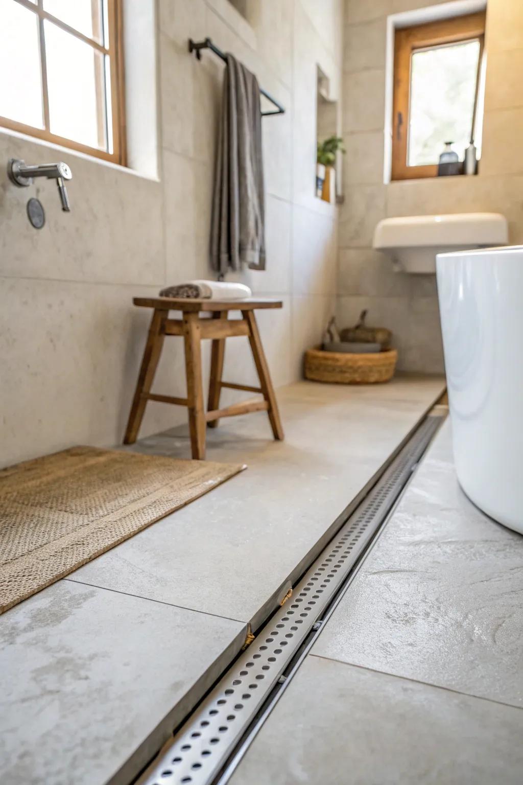 Curbless shower + linear drain: a seamless mini wet room that makes an ADU bathroom feel bigger.