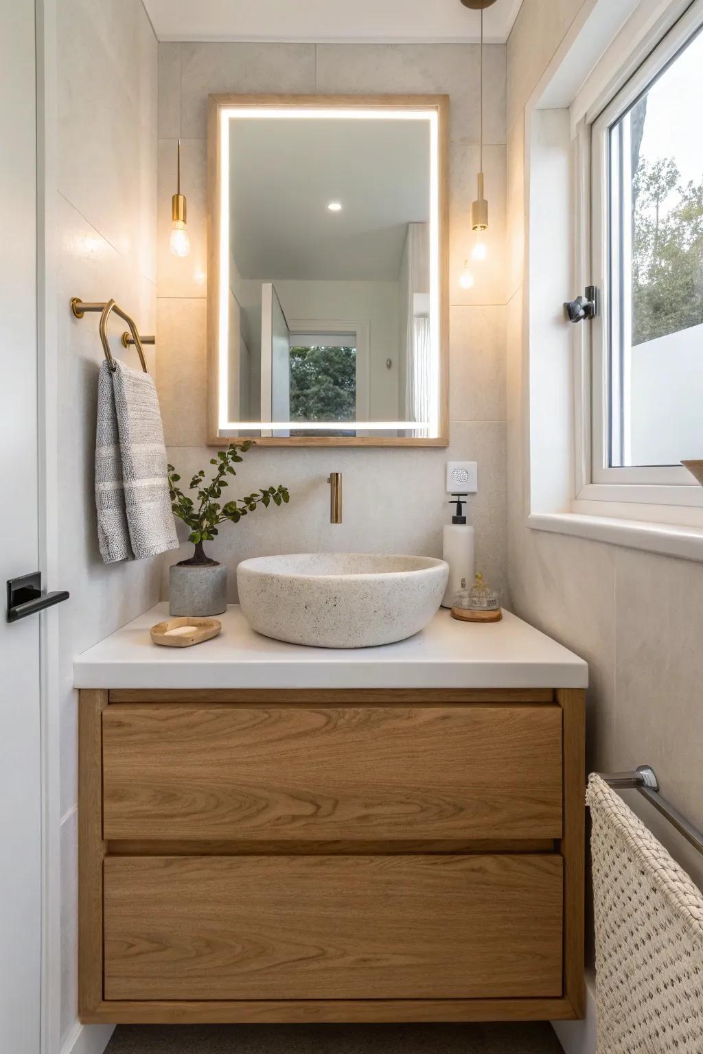 A tiny ADU bath upgrade: floating oak vanity, brass faucet, and spa-glow lighting.