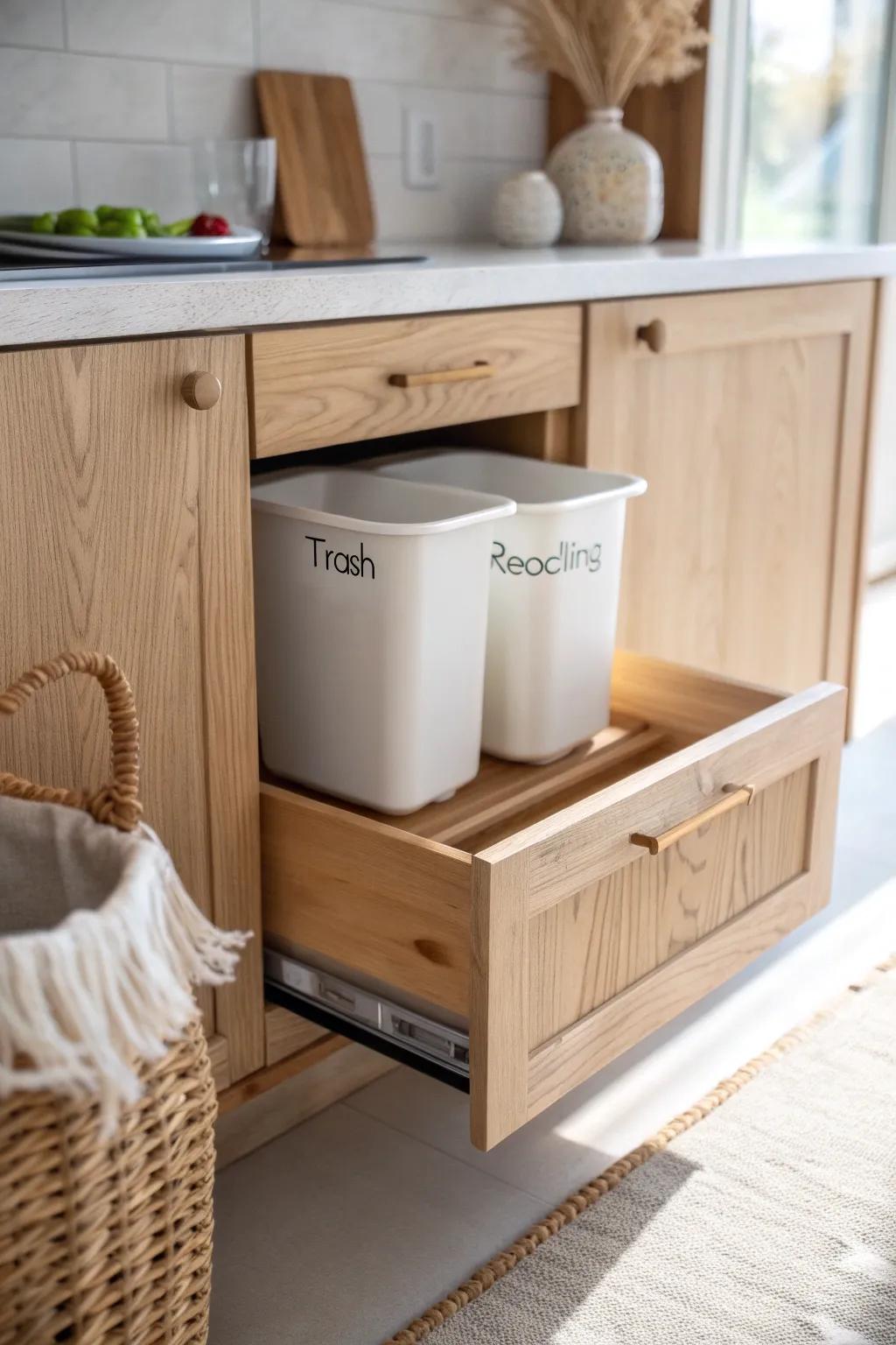 A sleek pull-out trash + recycling drawer keeps your ADU kitchen tidy and grown-up.