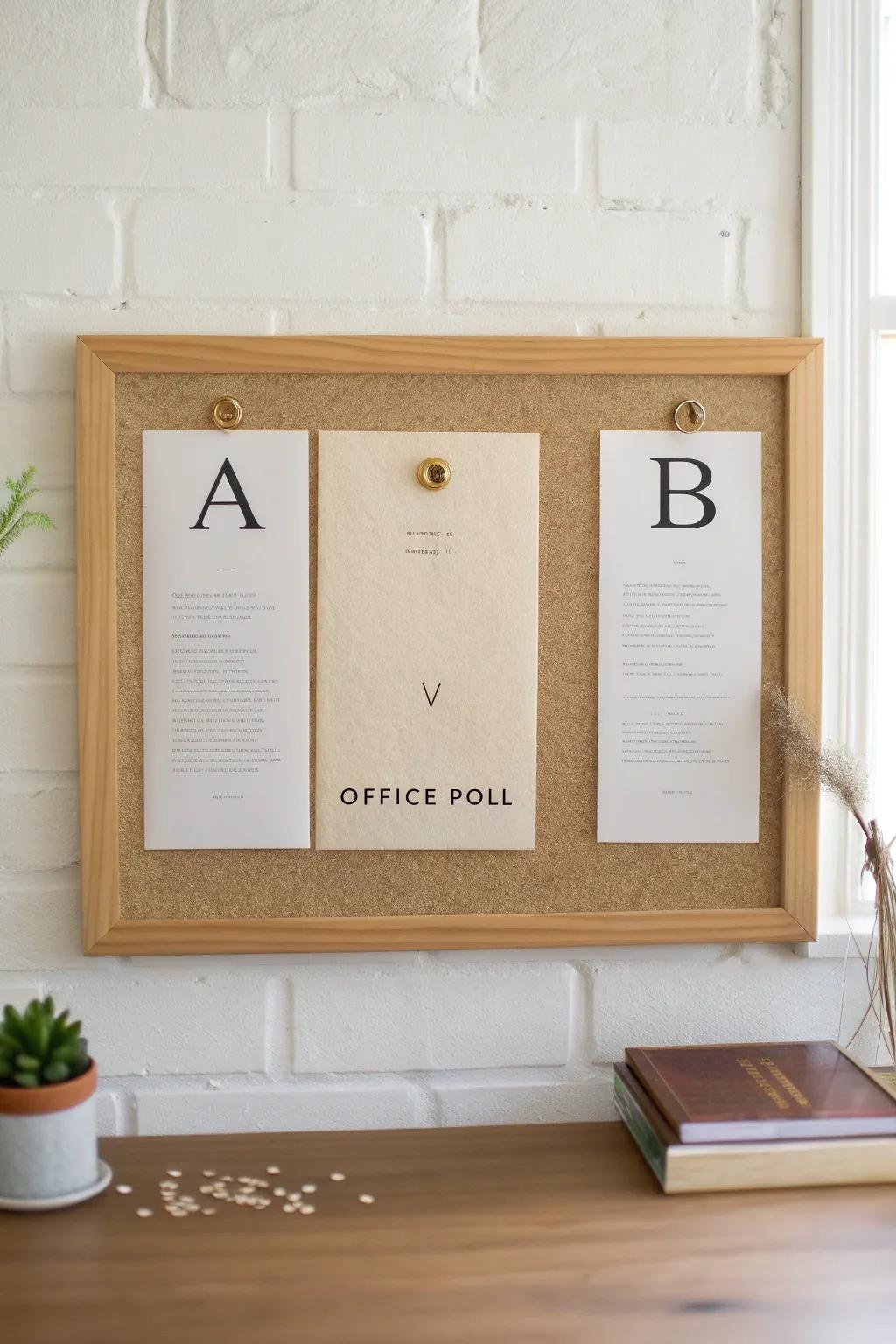 Minimal oak ballot board—vote with pins and spark easy office chatter in small spaces.