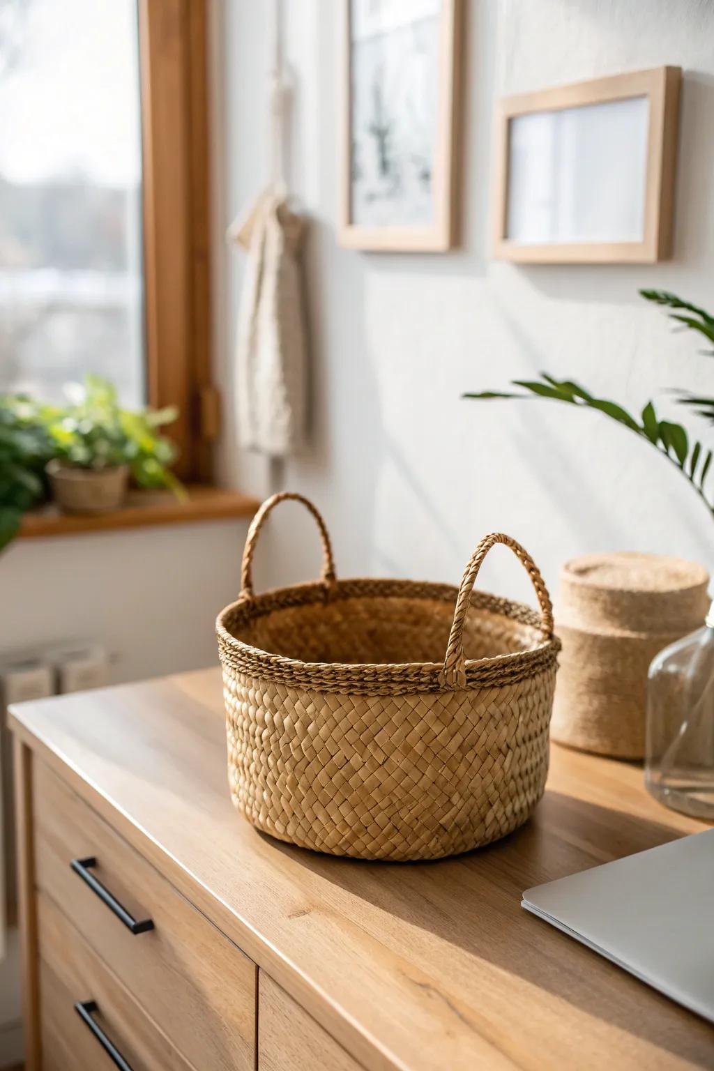 Make your dorm feel instantly cozy: a woven basket keeps essentials tidy and looks like decor.