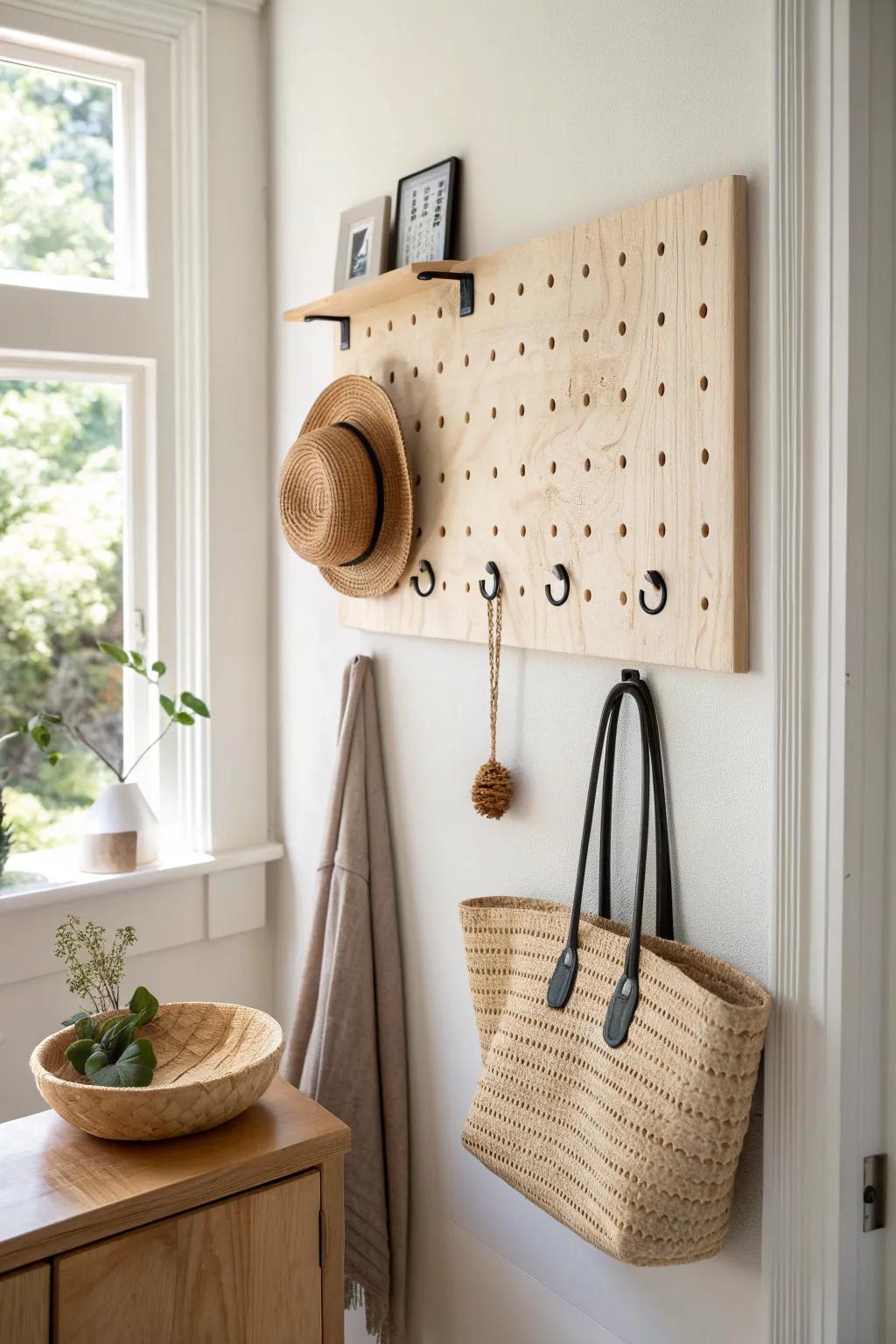 A clean, crafted entryway pegboard drop zone—keys, bag, and hat always right where you need them.