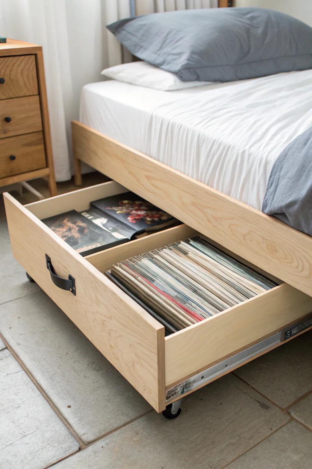 Under-bed rolling drawer keeps vinyl albums upright, protected, and beautifully organized.