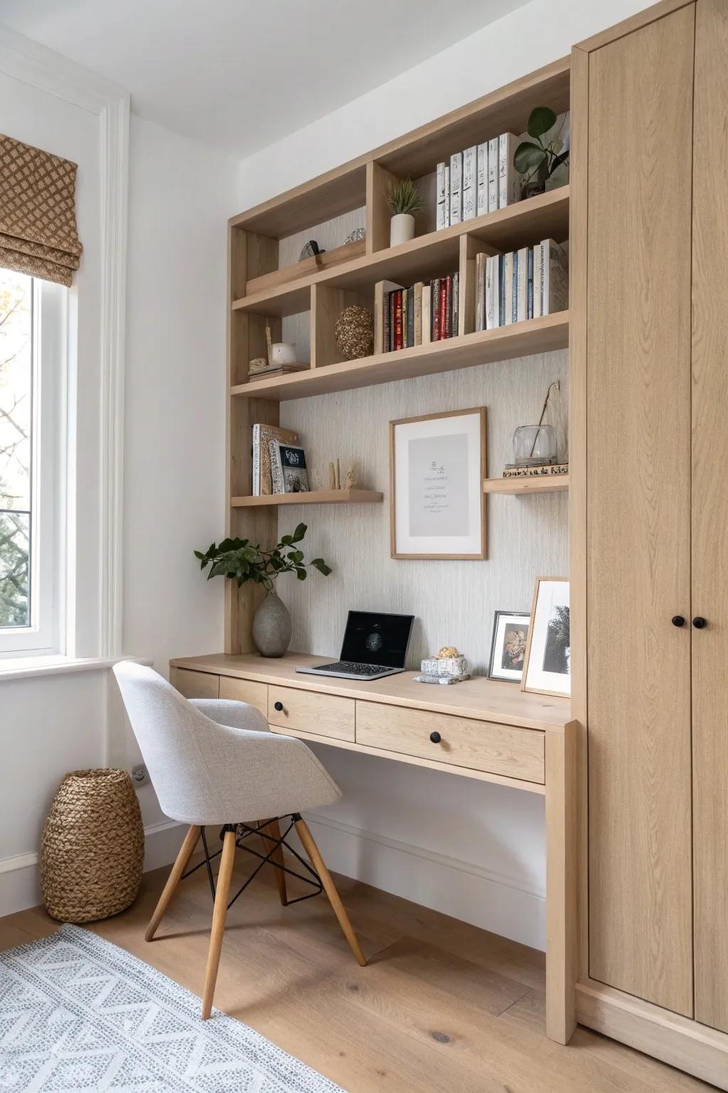 A tucked-away mini desk slot with styled alcove shelves—work when you need, relax when you don’t.