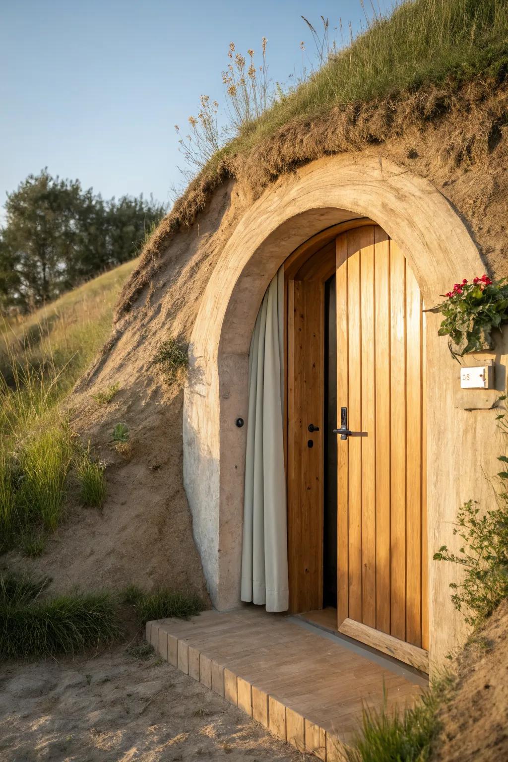 A quiet earth‑bermed doorway that saves energy and feels like a hidden hillside retreat.
