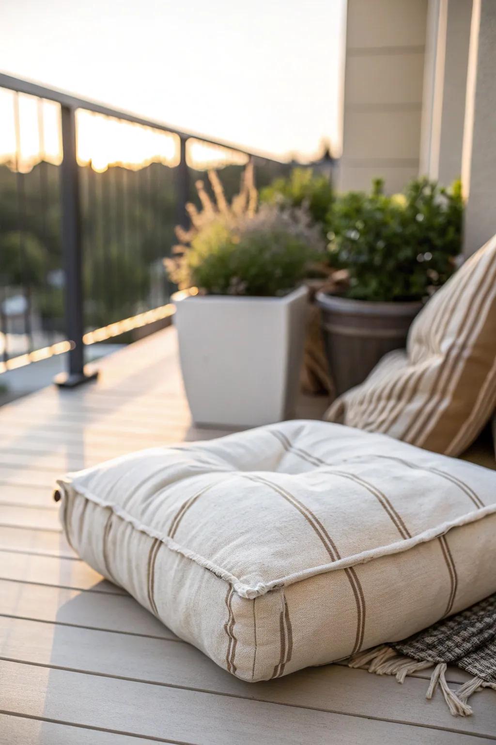 One durable outdoor cushion turns a tiny balcony garden into a cozy lounge corner.