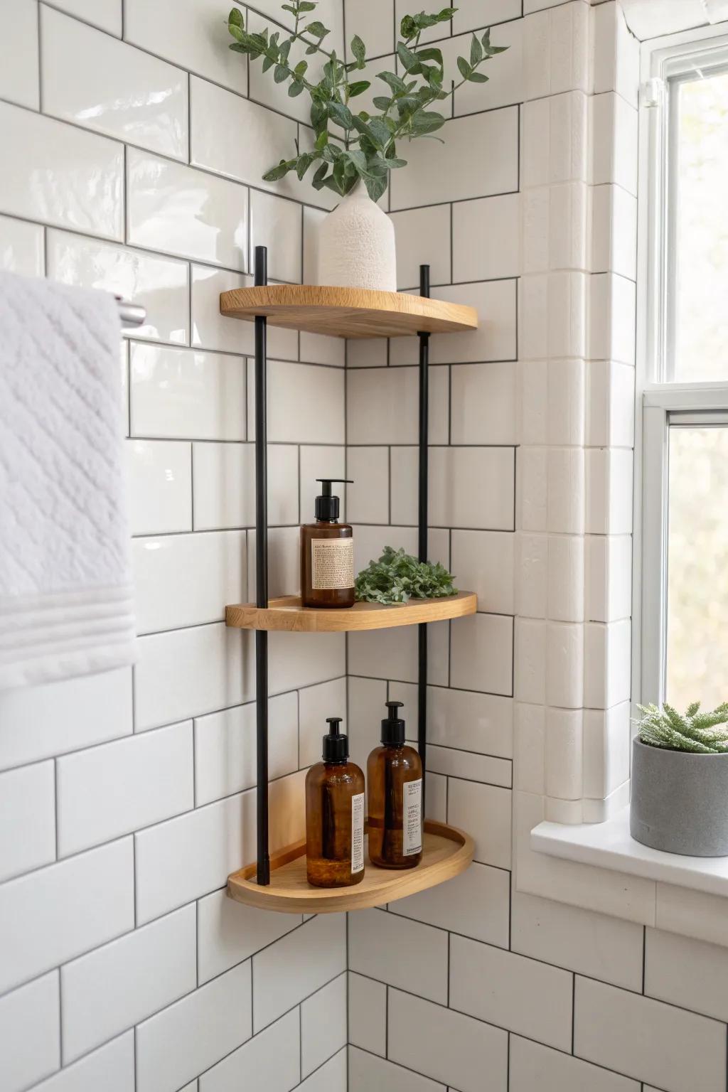 Go vertical in the shower: stacked corner shelves keep essentials tidy without losing space.