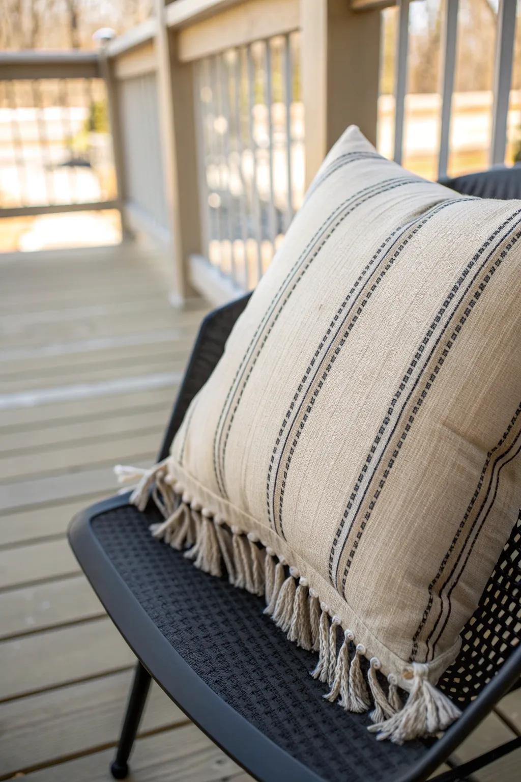 One weatherproof pillow is all it takes to make a tiny porch feel like a cozy room.