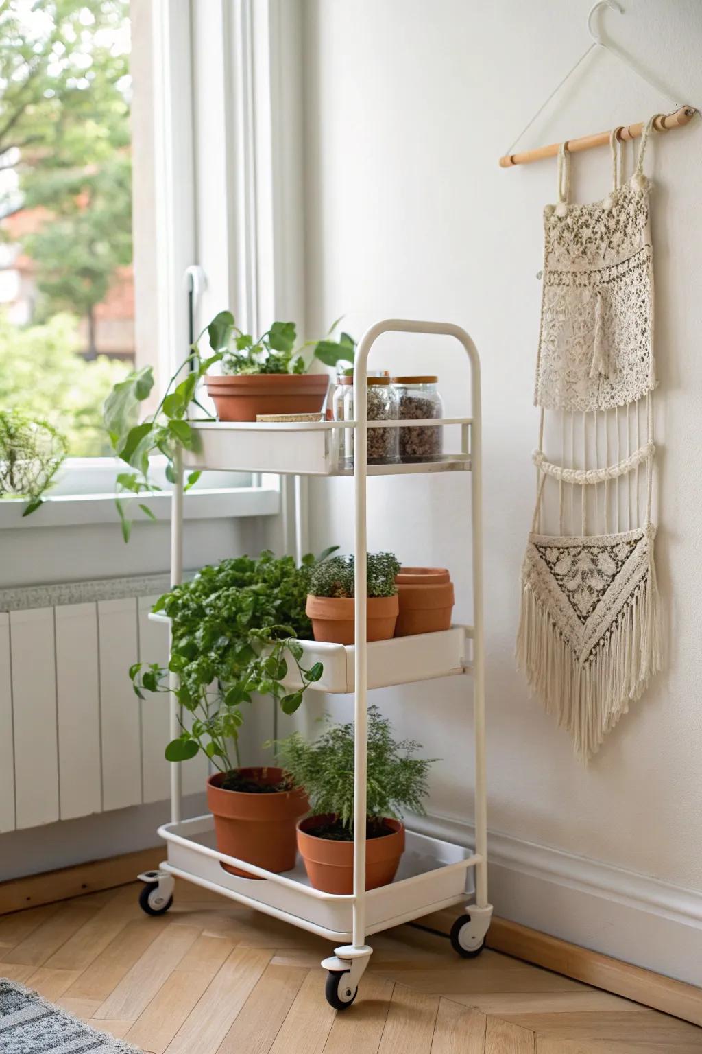 A rolling cart garden that follows the sun—then parks neatly away when you need space.