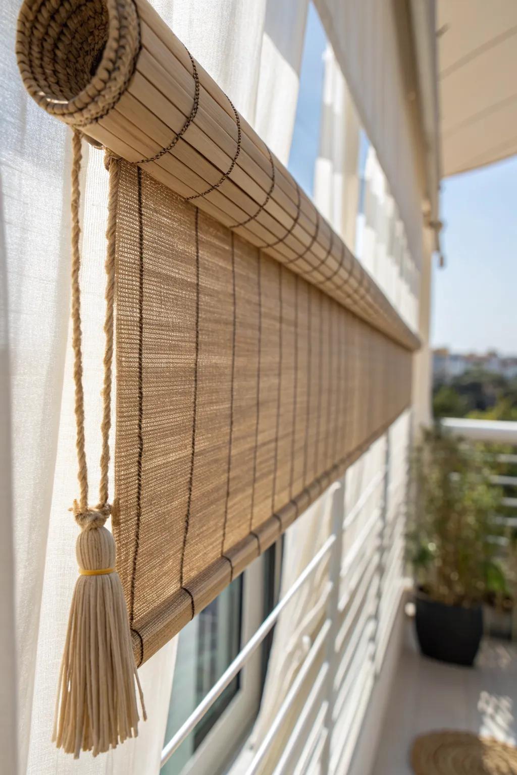 Budget roll-up shade: instant cool, cozy privacy, and beautiful texture for sunny patios.