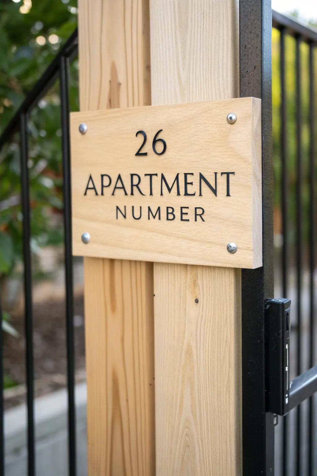 A clean fence-panel apartment sign that makes the right entrance instantly easy to spot.