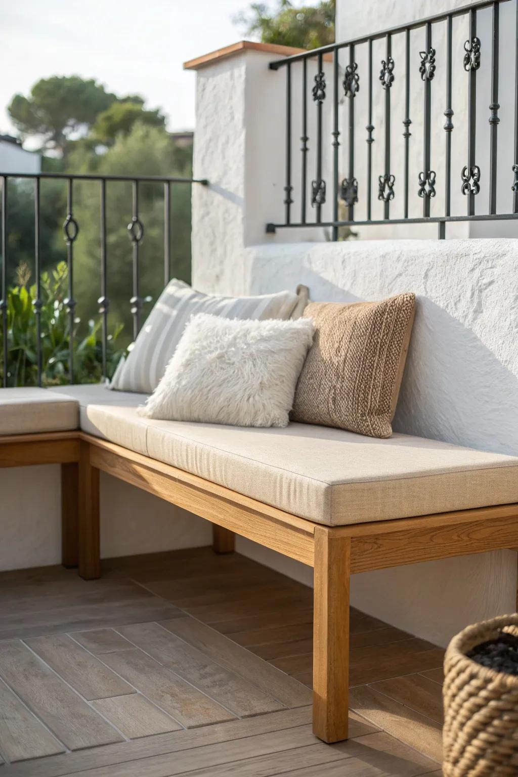 Make a tiny balcony corner feel intentional with a simple L-shaped bench and cozy linen cushions.