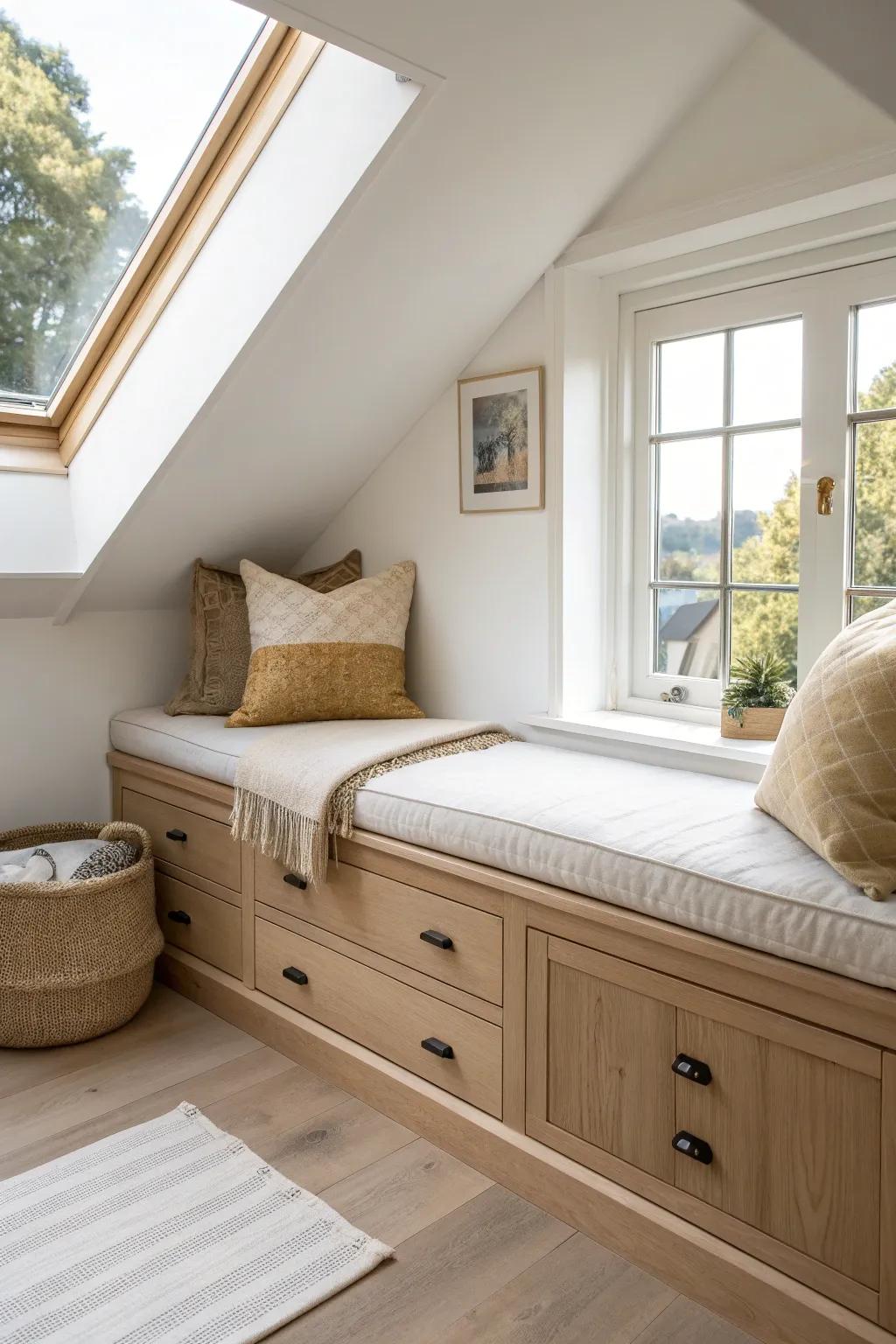 Dormer window seat with hidden drawers—cozy reading nook and storage in one stylish spot.