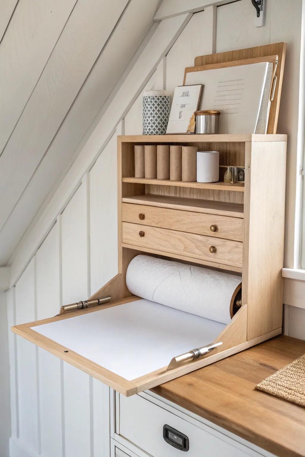 A fold-down wrapping station transforms an attic crawl zone into a calm, clutter-free craft spot.