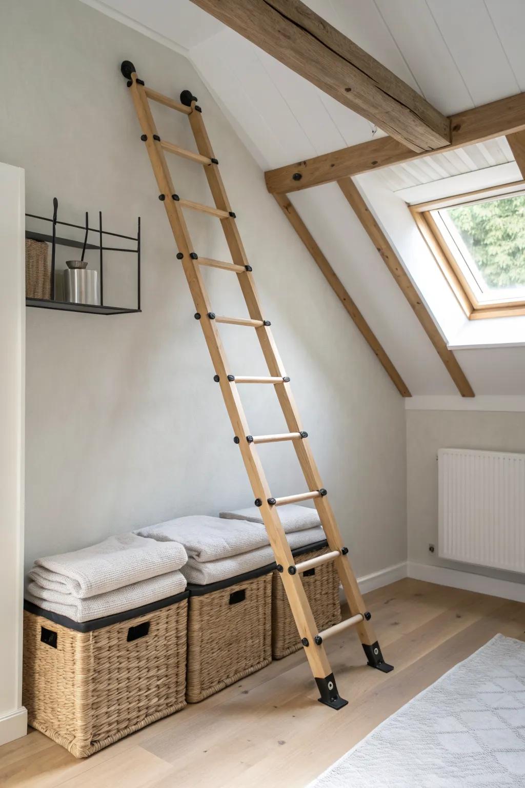 Slim wall ladder + high rafter storage: a small attic loft upgrade that’s both chic and practical.