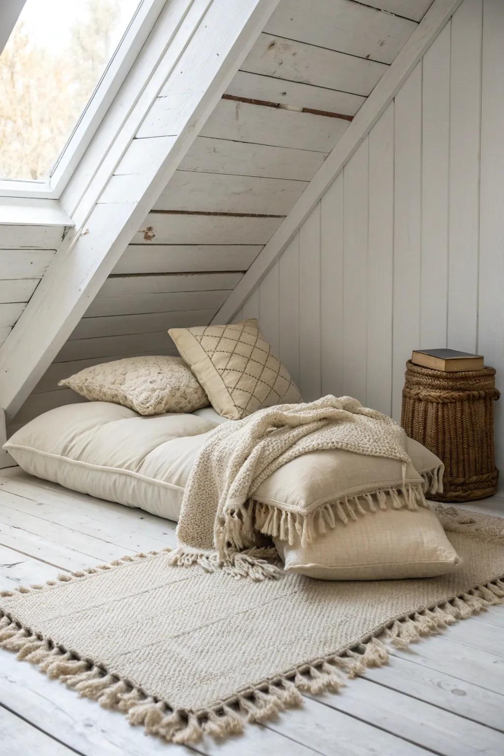 Layer chunky knits, linen pillows, and a plush rug to soften slanted attic angles.