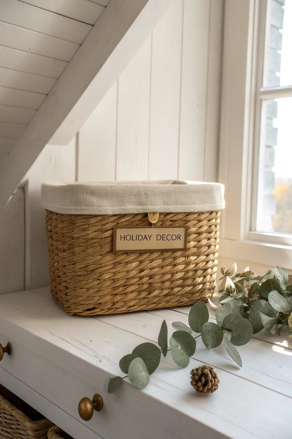 One labeled basket for holiday décor—your attic’s one-stop row for stress-free seasonal styling.