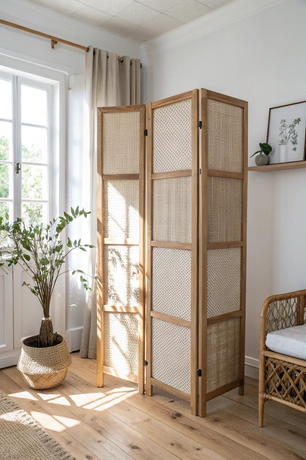 A folding screen on the diagonal instantly gives an awkward corner structure and calm.