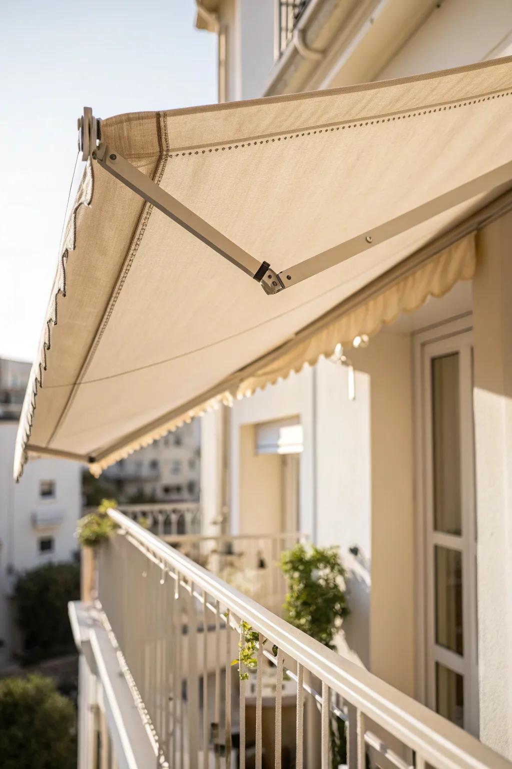 Layered awning + side shade sail for tricky sun angles—minimal, warm, and designer-clean.