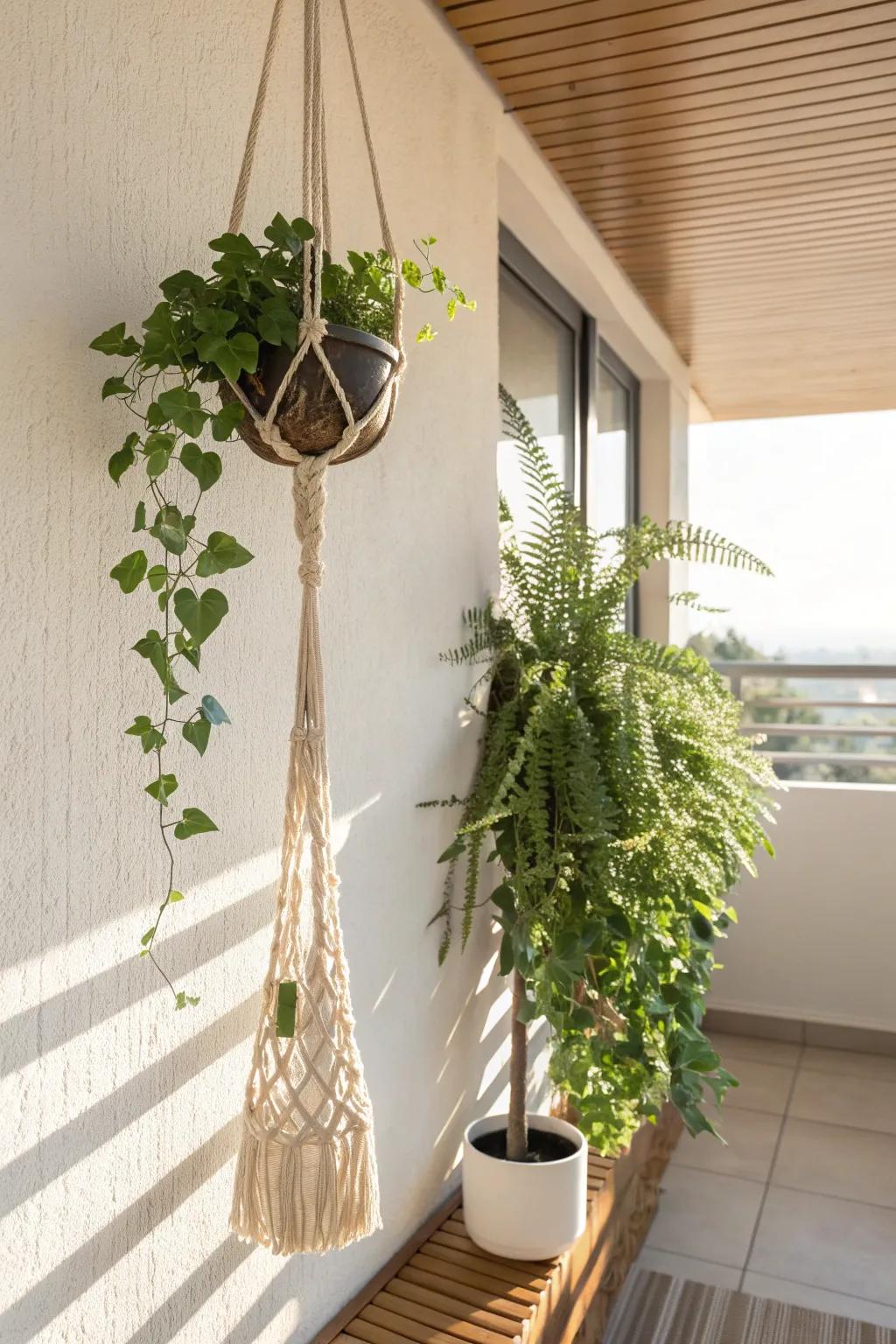 A leafy hanging planter canopy that doubles as shade—minimal, boho, and balcony-perfect.