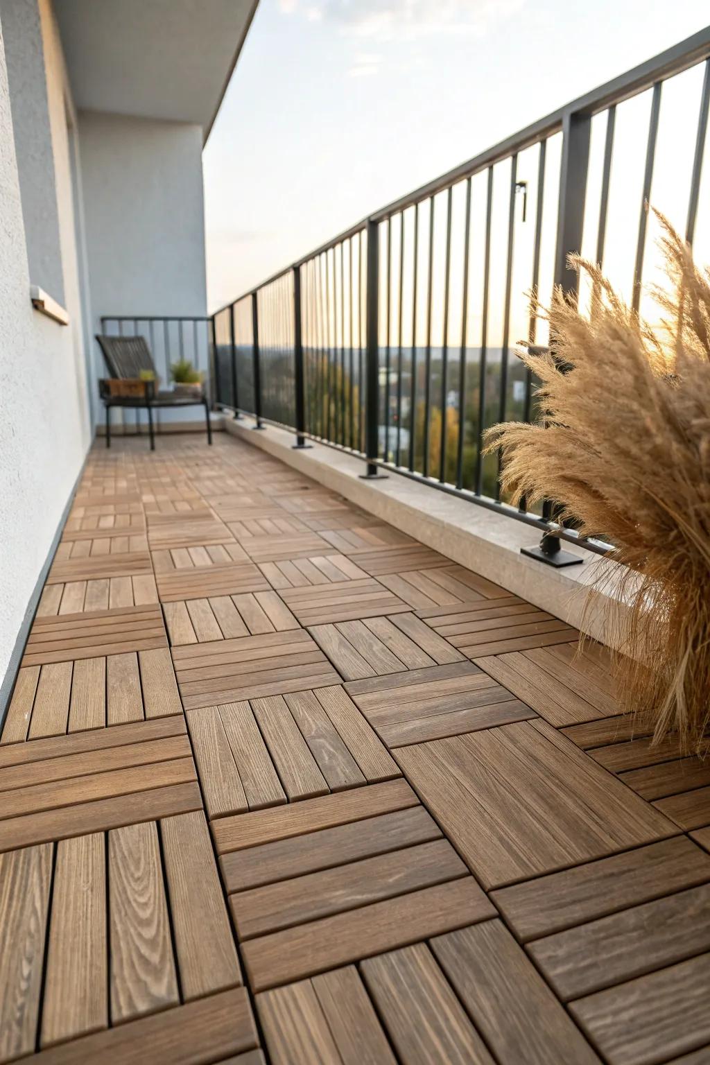 Split a narrow balcony in two—rotate deck tiles to define coffee and lounge zones.