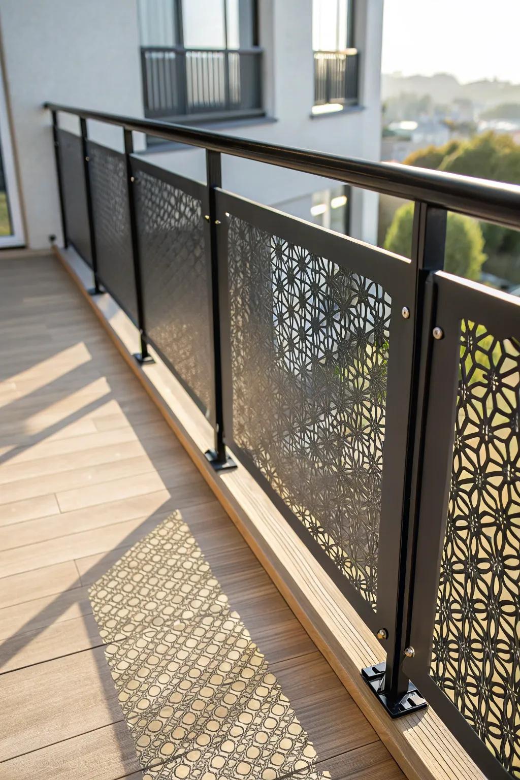 Perforated metal panel privacy—minimal look, boho pattern, and dreamy dappled shade.