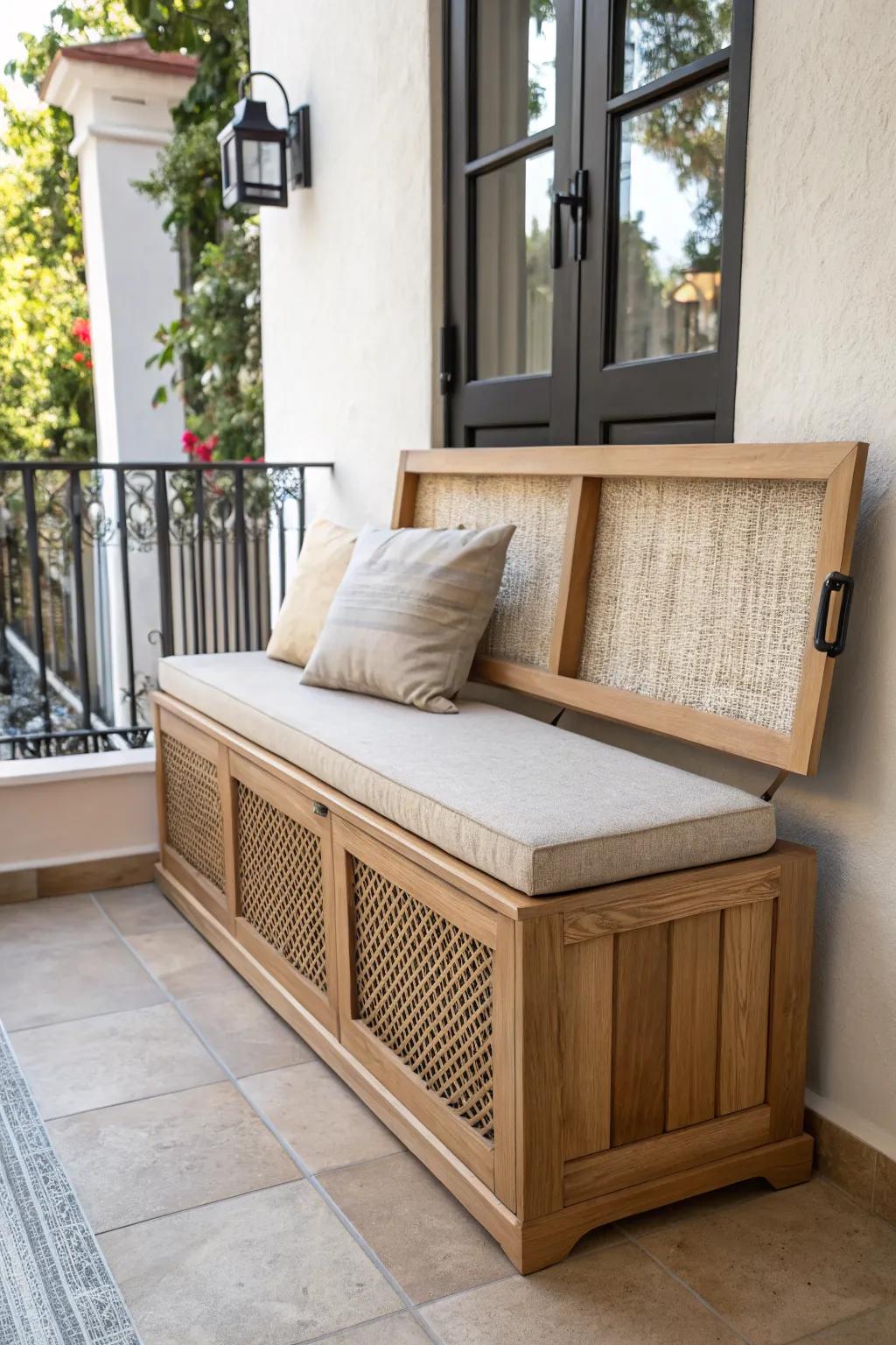 A sleek built-in balcony bench with hidden storage—custom look, clutter-free small space.
