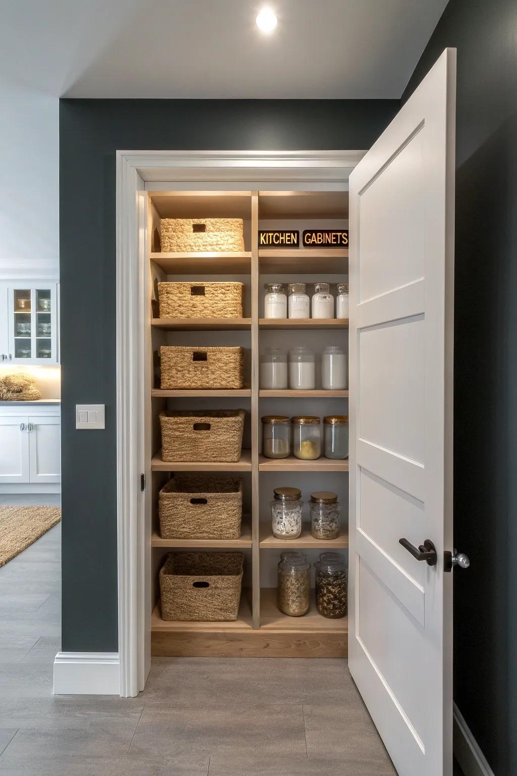 Basement closet upgrade: a slim pantry cabinet with sturdy shelves and easy-read labels.
