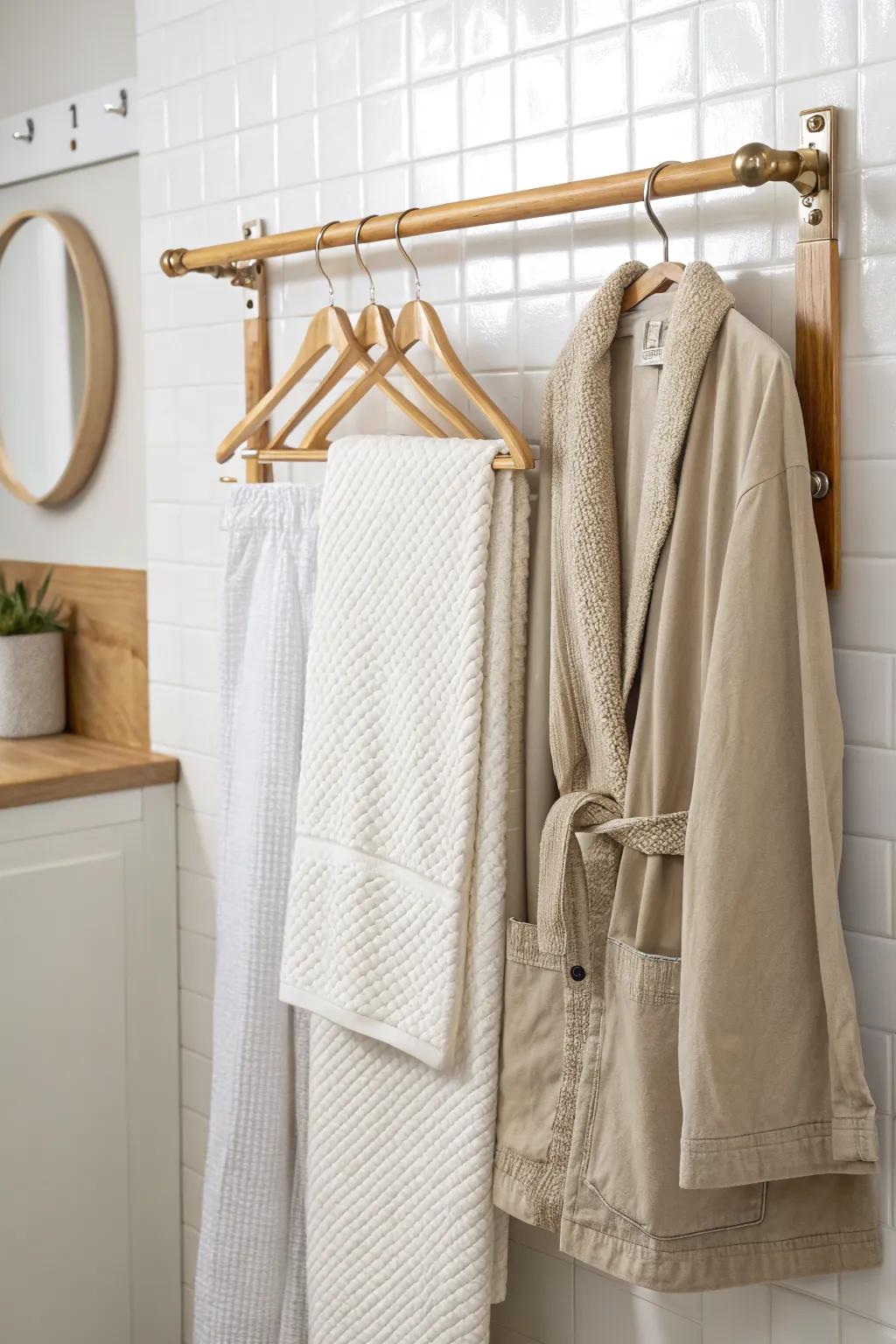 Double hanging rod keeps robes and tomorrow’s outfit handy—perfect for tiny bathroom closets.