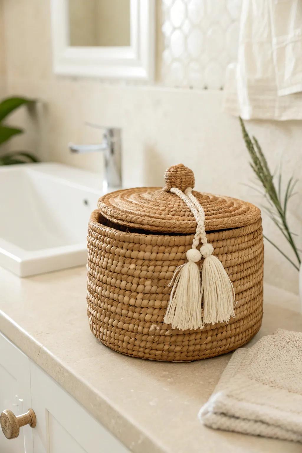 Neutral creams + warm browns: one woven basket makes even a tiny bathroom feel curated.