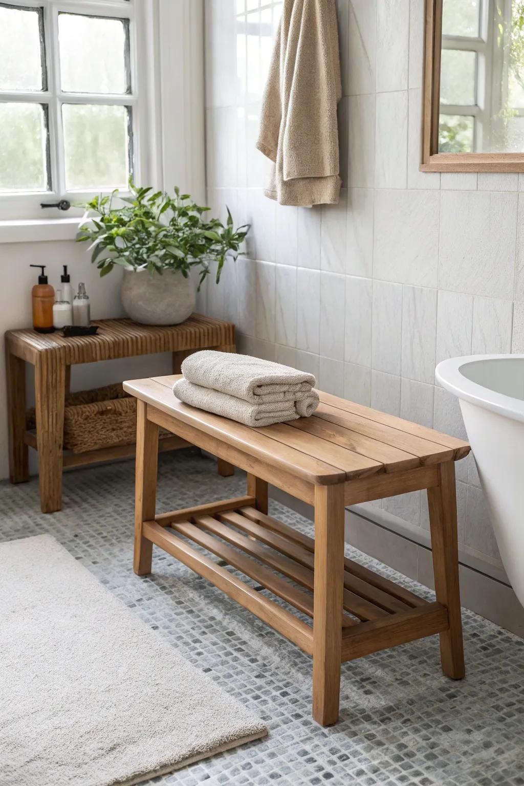 Warm oak bench on cool tile—an instant small-bath spa upgrade with Scandinavian calm.