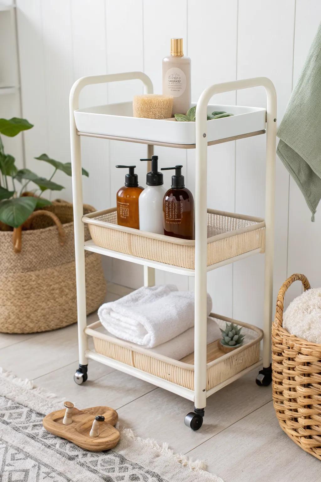 A rolling kids’ bath-time cart with ventilated toy basket—pretty, practical, fast clean-up.
