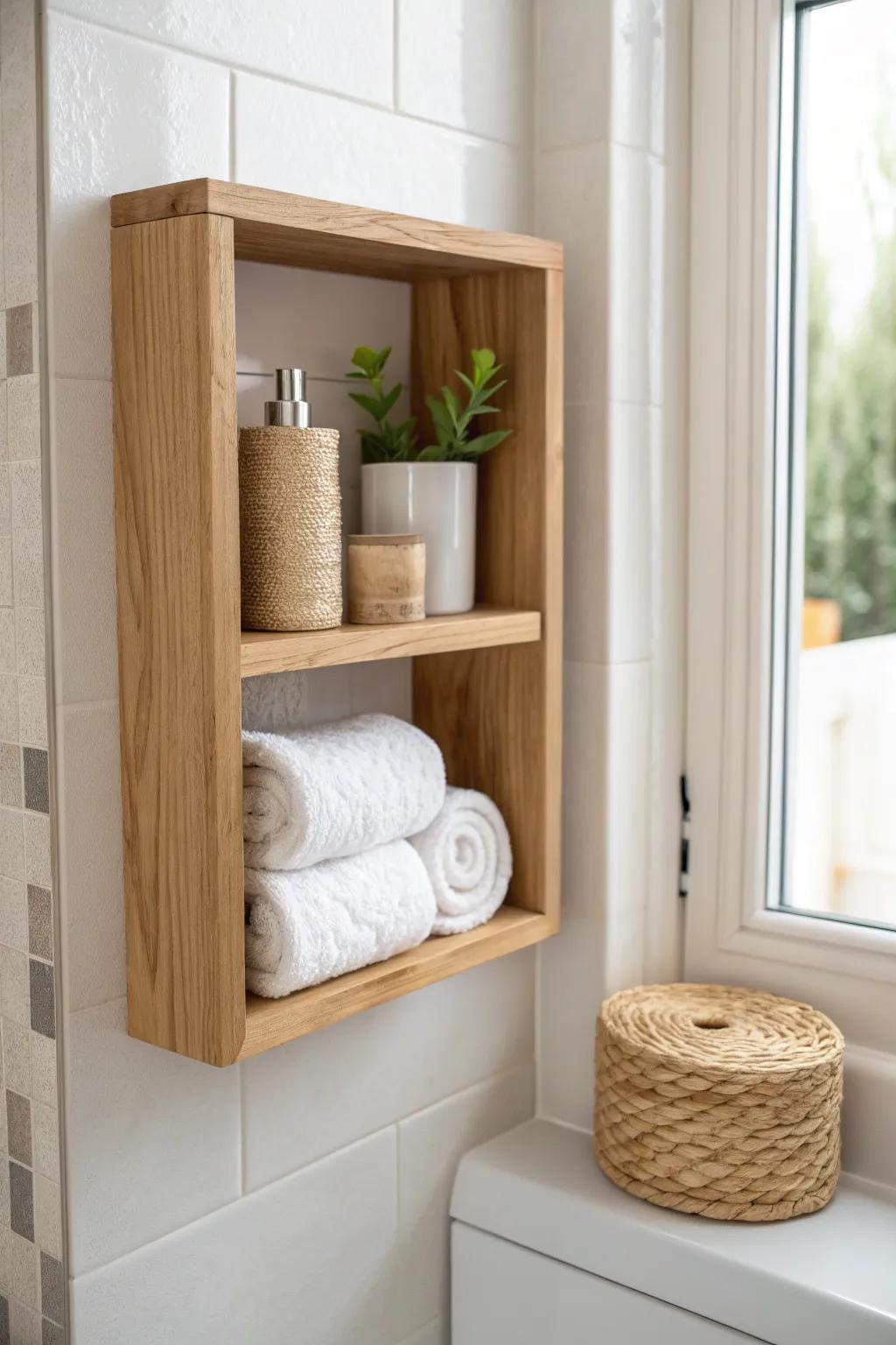 Turn an awkward skinny bathroom gap into storage with a simple wall-mounted cube shelf.