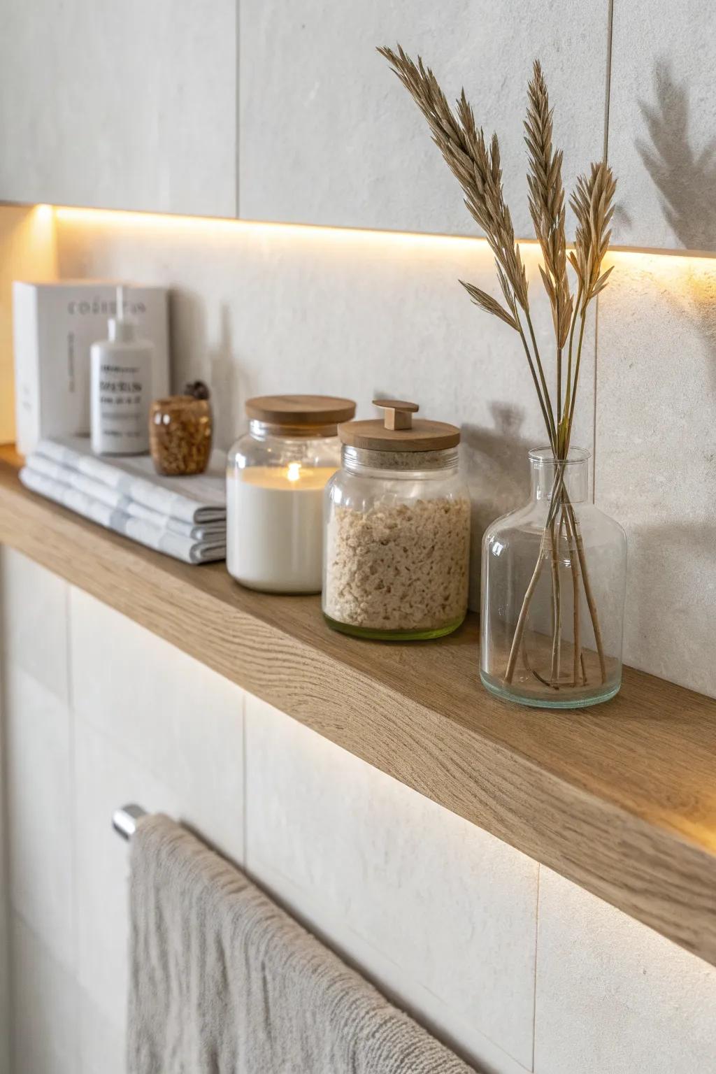 A warm under-shelf LED glow turns a tiny bathroom shelf into a calm, curated moment.